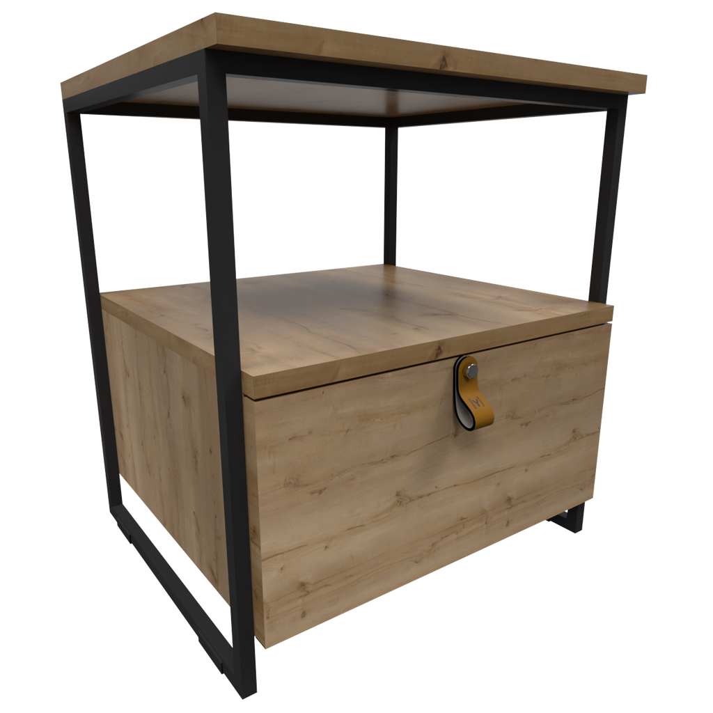 Mesa de Noche Industrial en Pino y Metal Un cajón