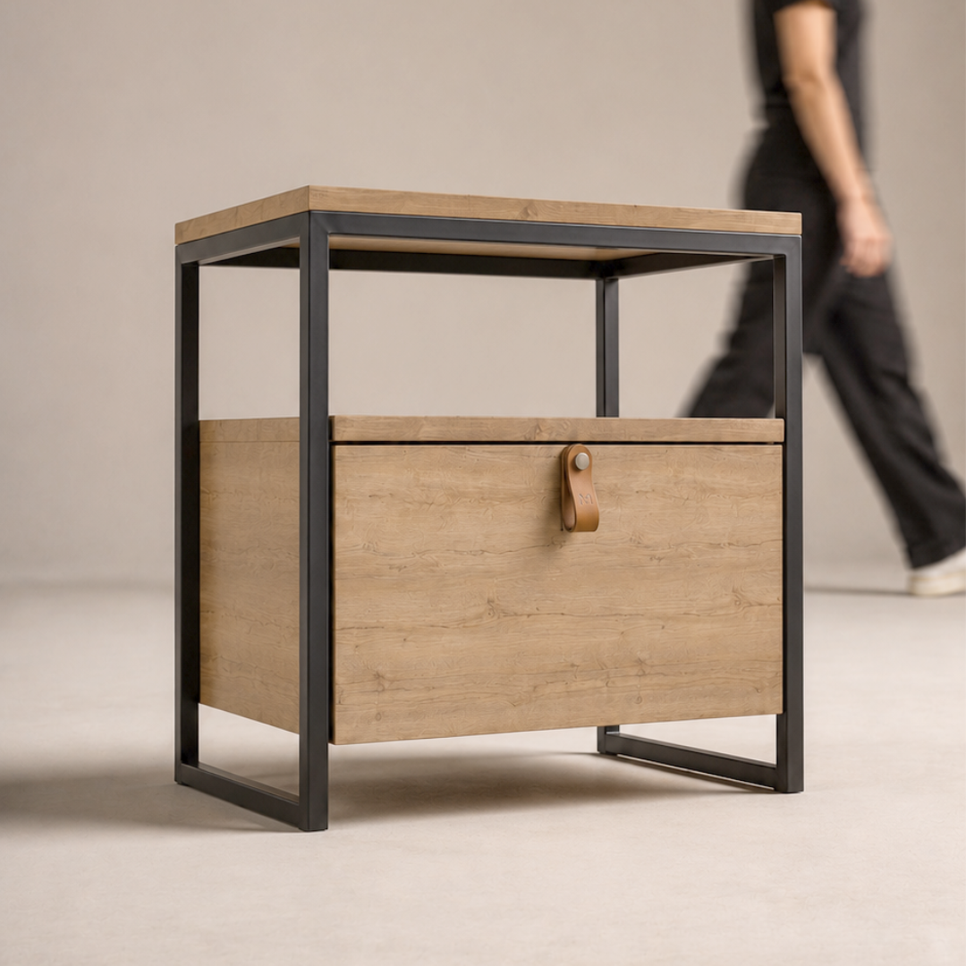 Mesa de Noche Industrial en Pino y Metal Un cajón