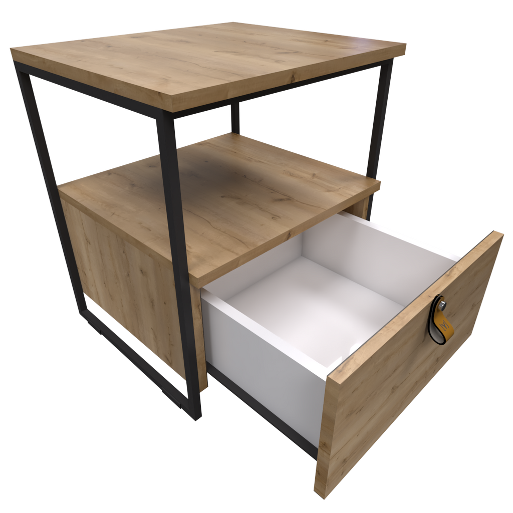Mesa de Noche Industrial en Pino y Metal Un cajón