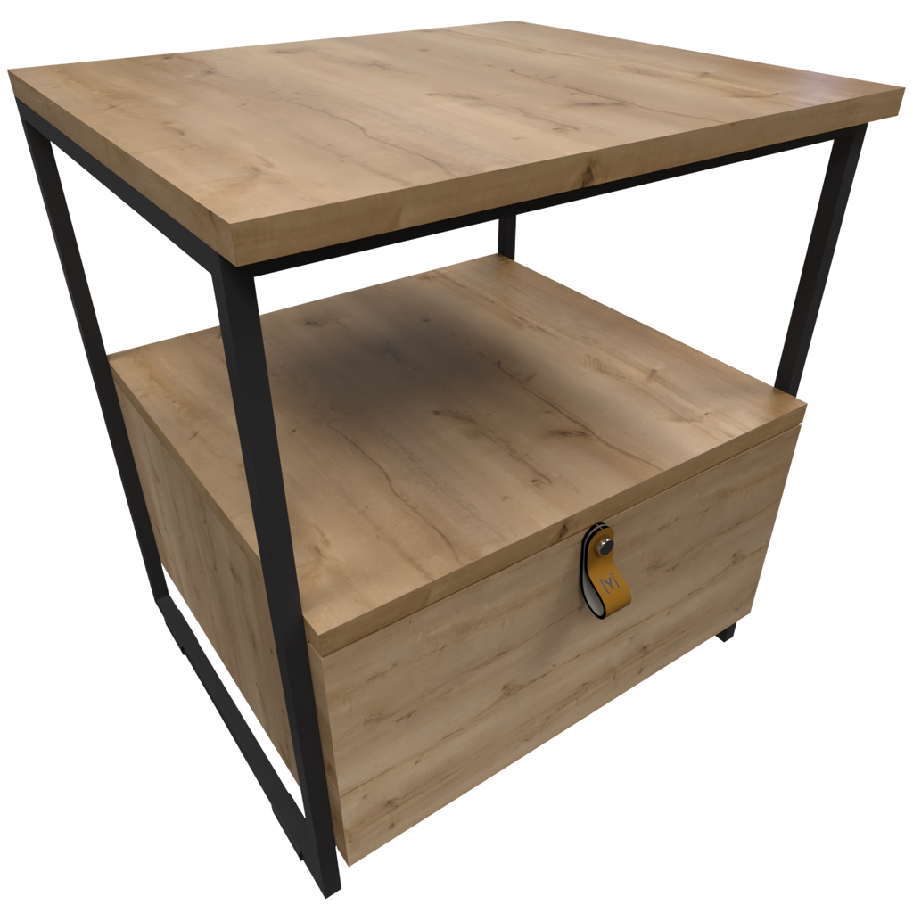 Mesa de Noche Industrial en Pino y Metal Un cajón