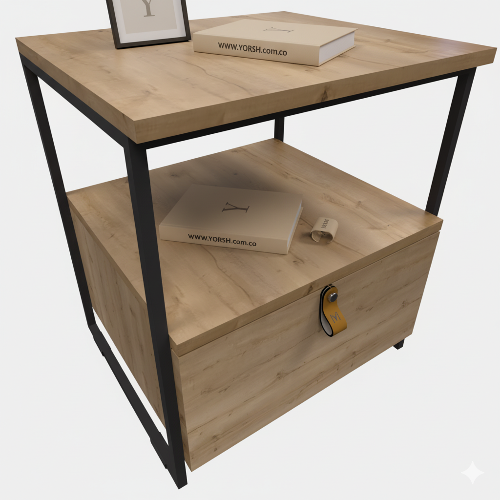 Mesa de Noche Industrial en Pino y Metal Un cajón