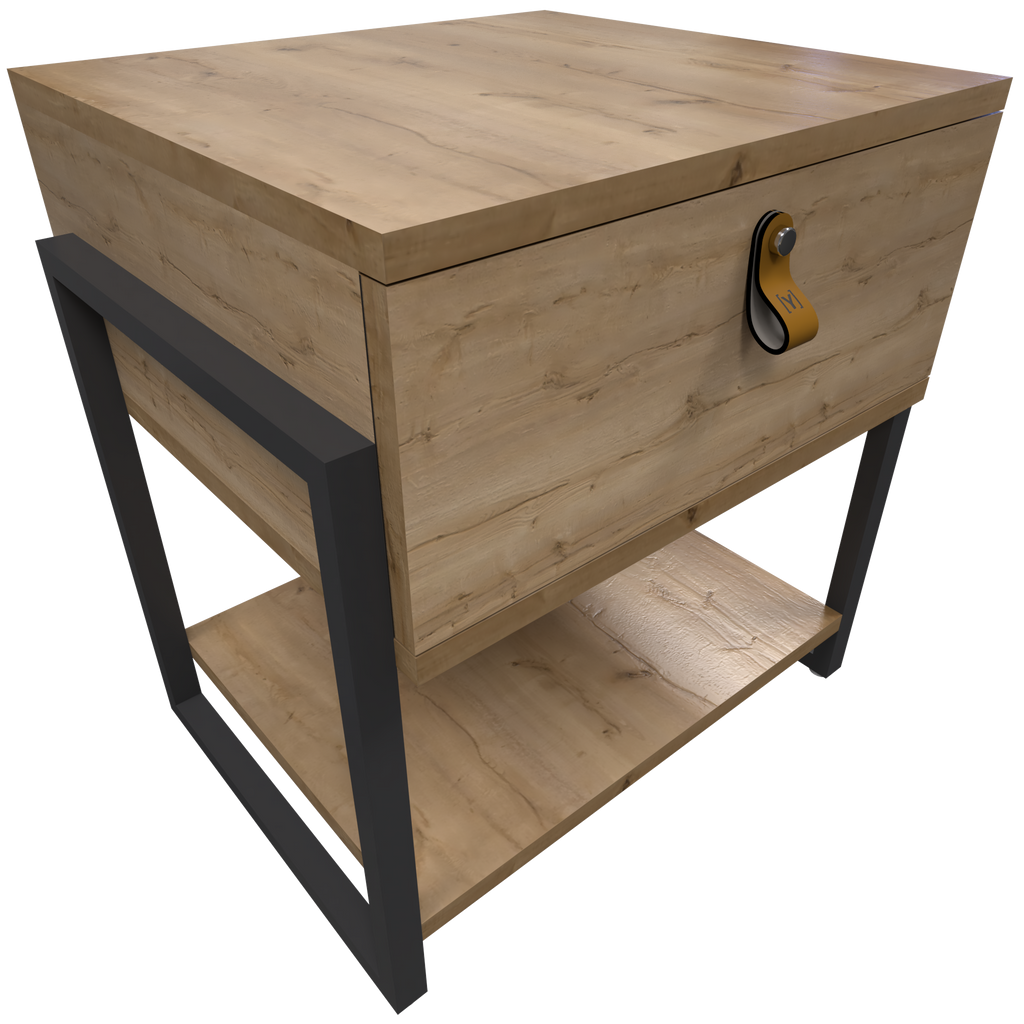 Mesa de Noche Industria en Pino y Metal un Cajón