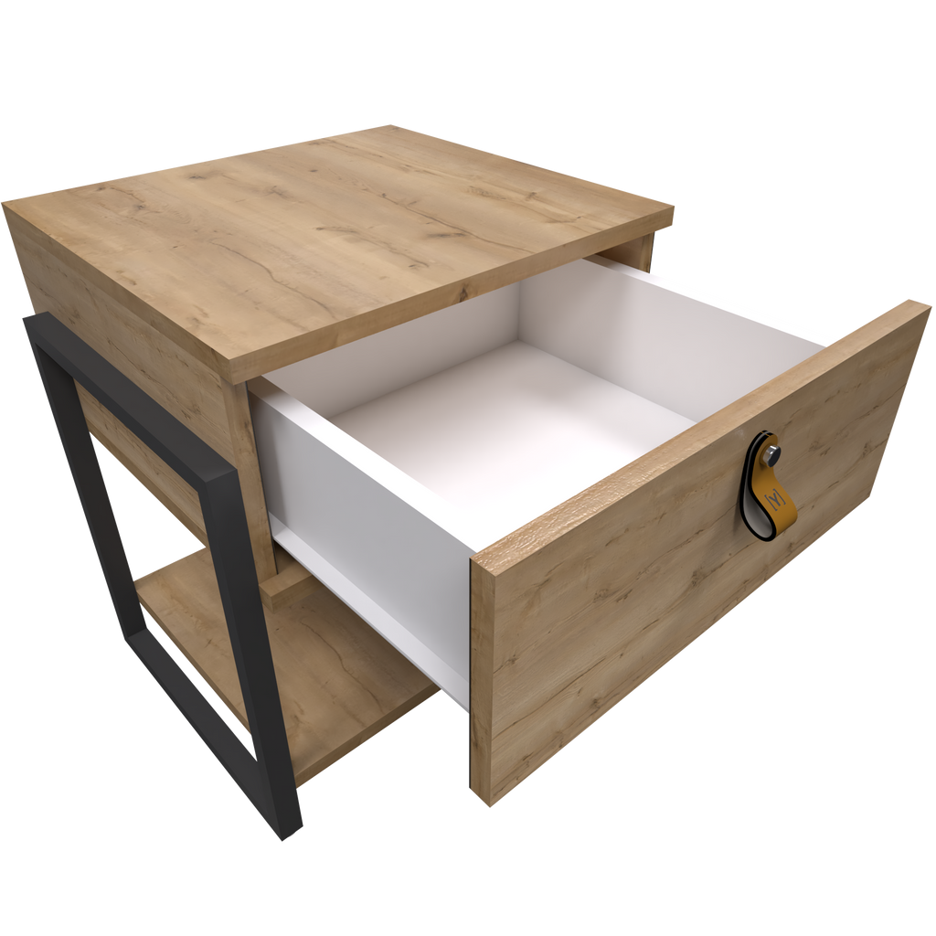 Mesa de Noche Industria en Pino y Metal un Cajón