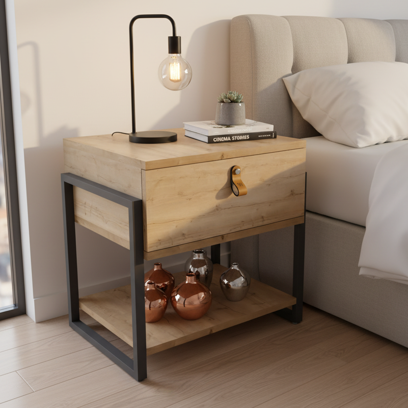Mesa de Noche Industria en Pino y Metal un Cajón