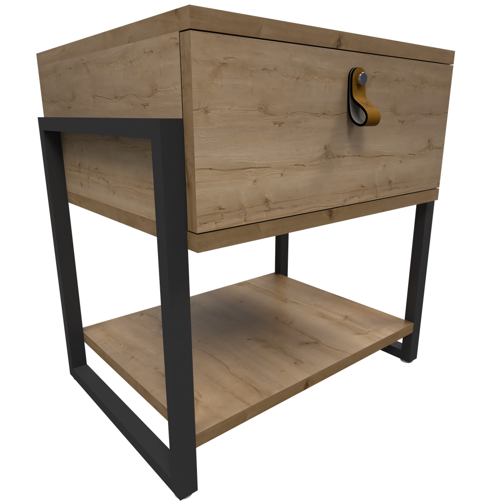Mesa de Noche Industria en Pino y Metal un Cajón